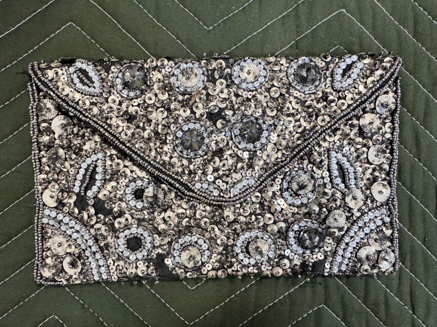 Vintage Silver and Black Beaded Sequined Clutch Evening Bag