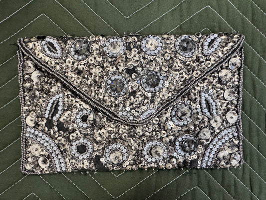 Vintage Silver and Black Beaded Sequined Clutch Evening Bag