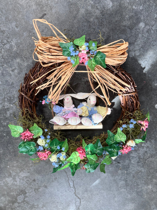 Floral Wreath with Bunnies on a Swing