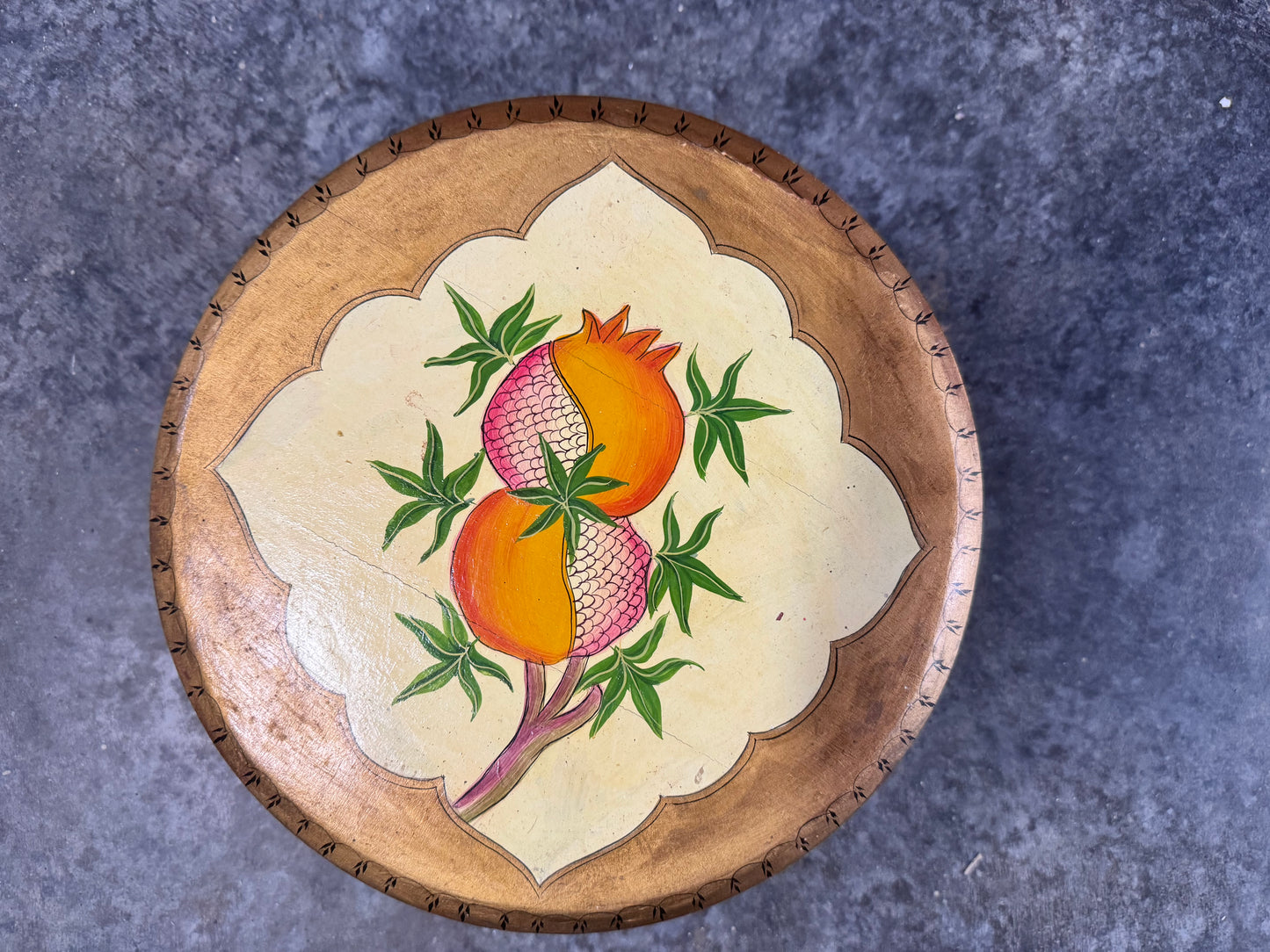 Vintage Hand Painted Round Wooden Box with Lid