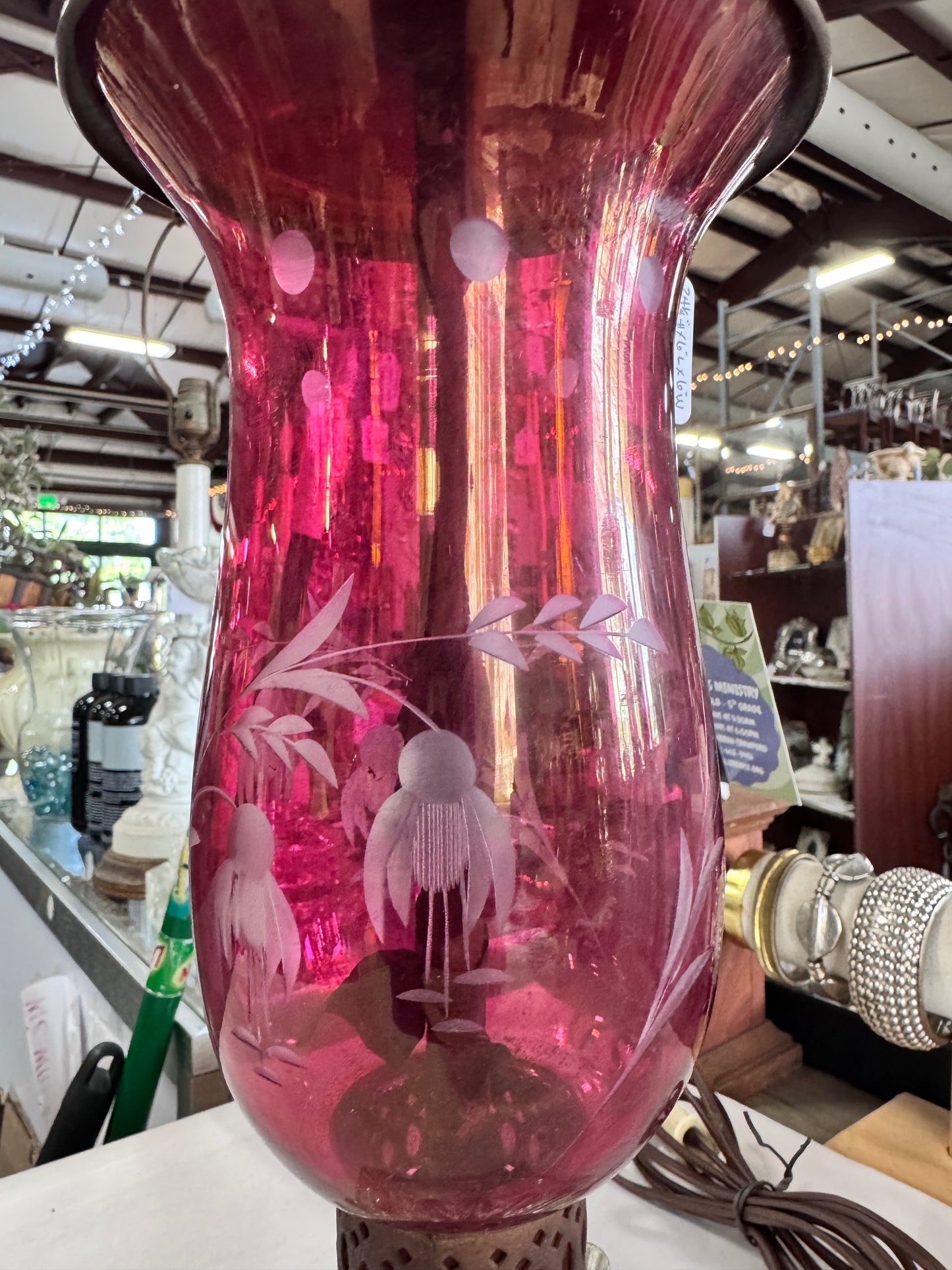 Vintage Bohemian Style Cranberry Floral Etched Table Lamp