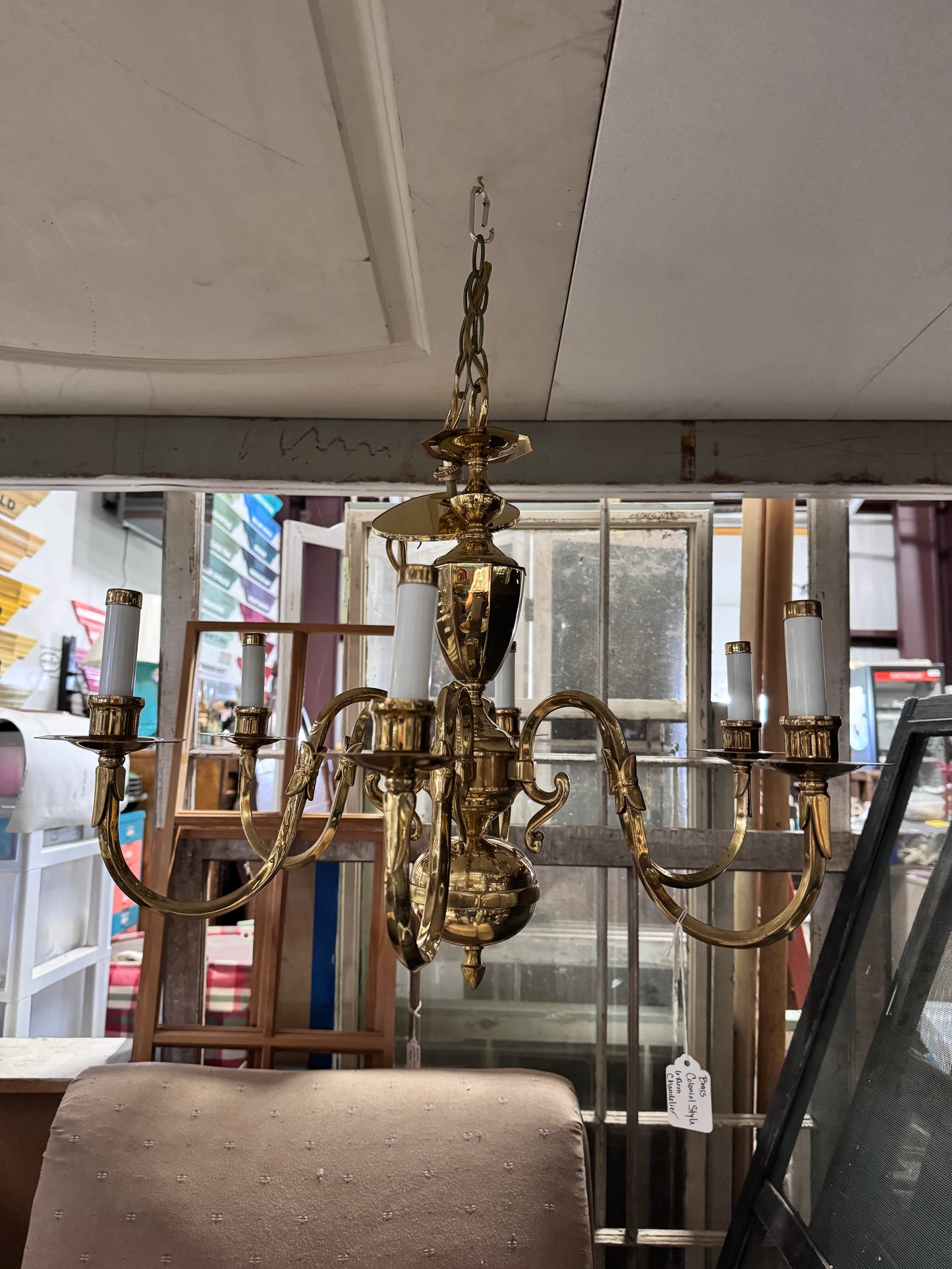 Brass Colonial Style 6- Arm Chandelier