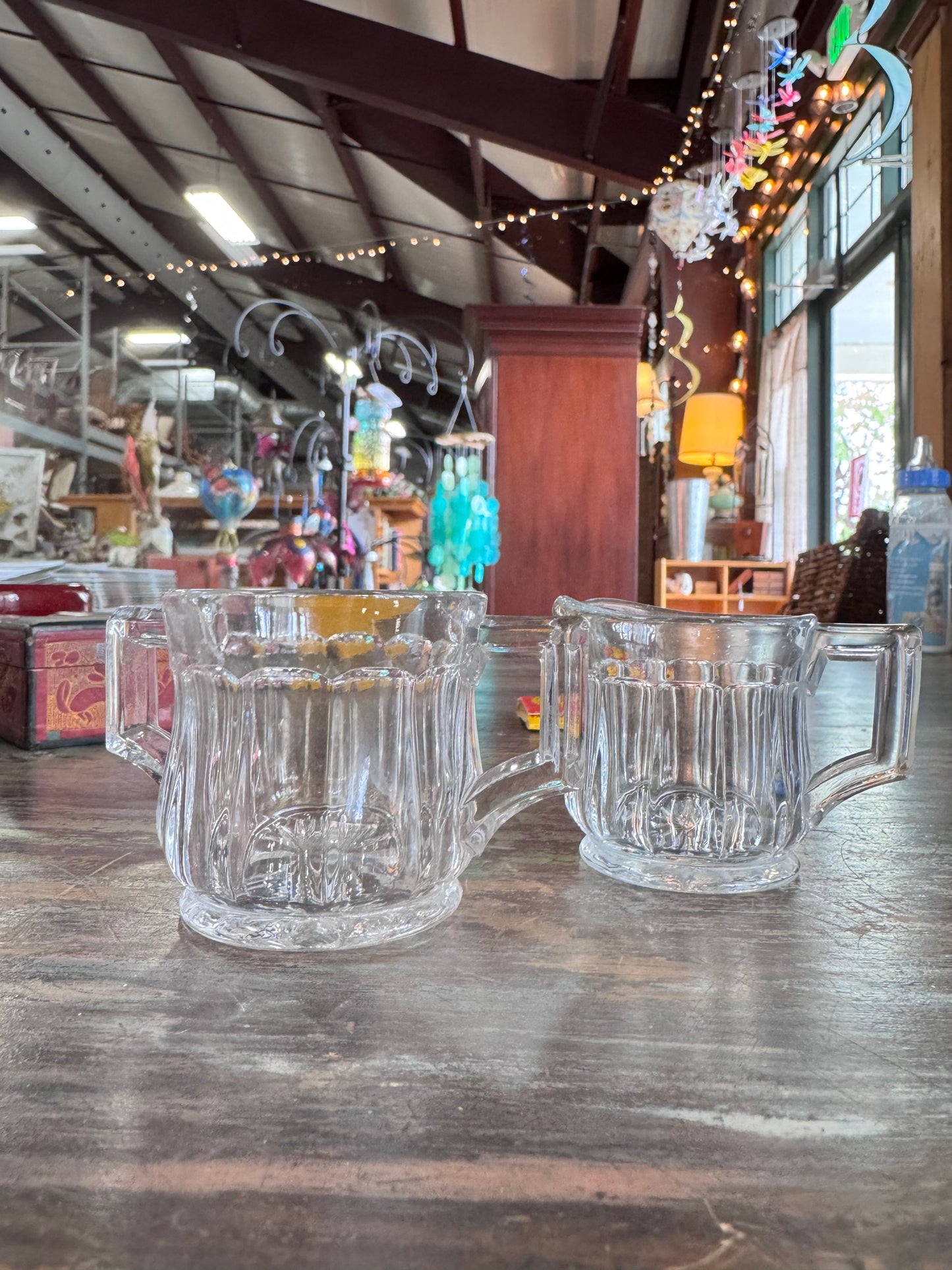Vintage Starburst Clear Glass Sugar and Creamer Set