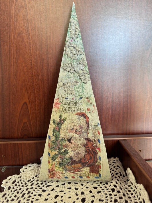 Wooden Merry Christmas Tree Vintage Santa & Holly Tree