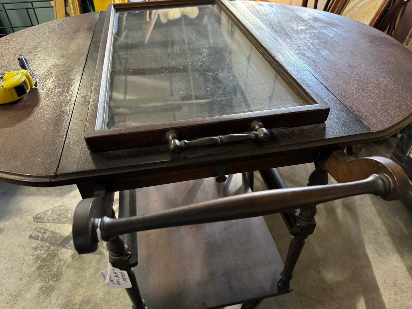 Wooden Drop Leaf Teacart Removable Glass Serving Tray