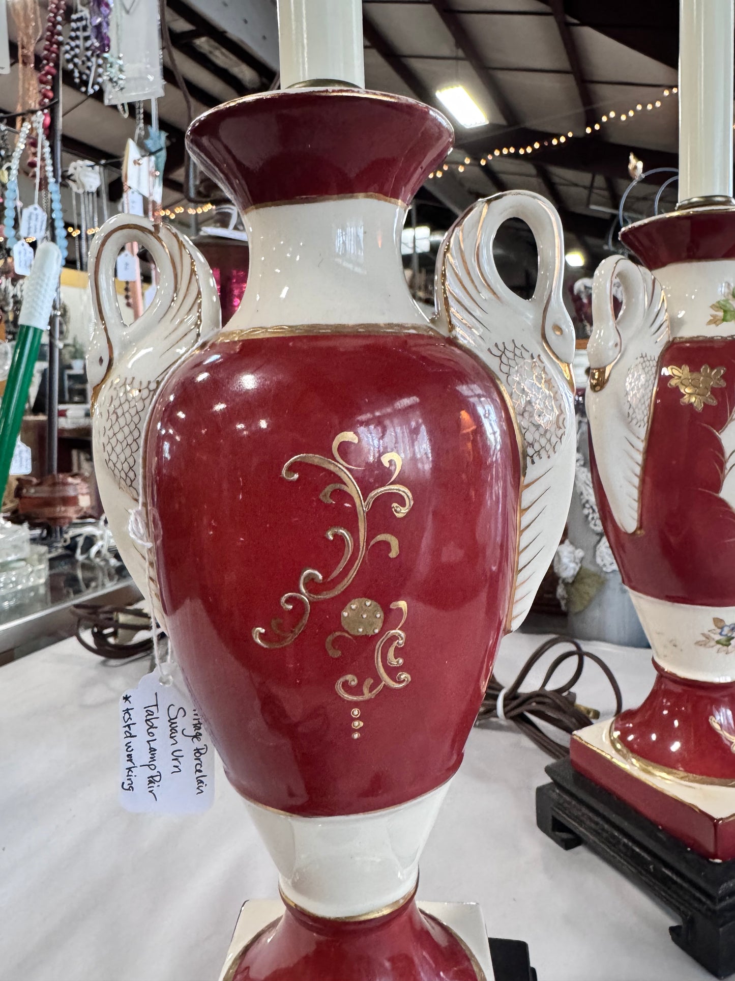 Vintage Porcelain Swan Urn Table Lamp Pair