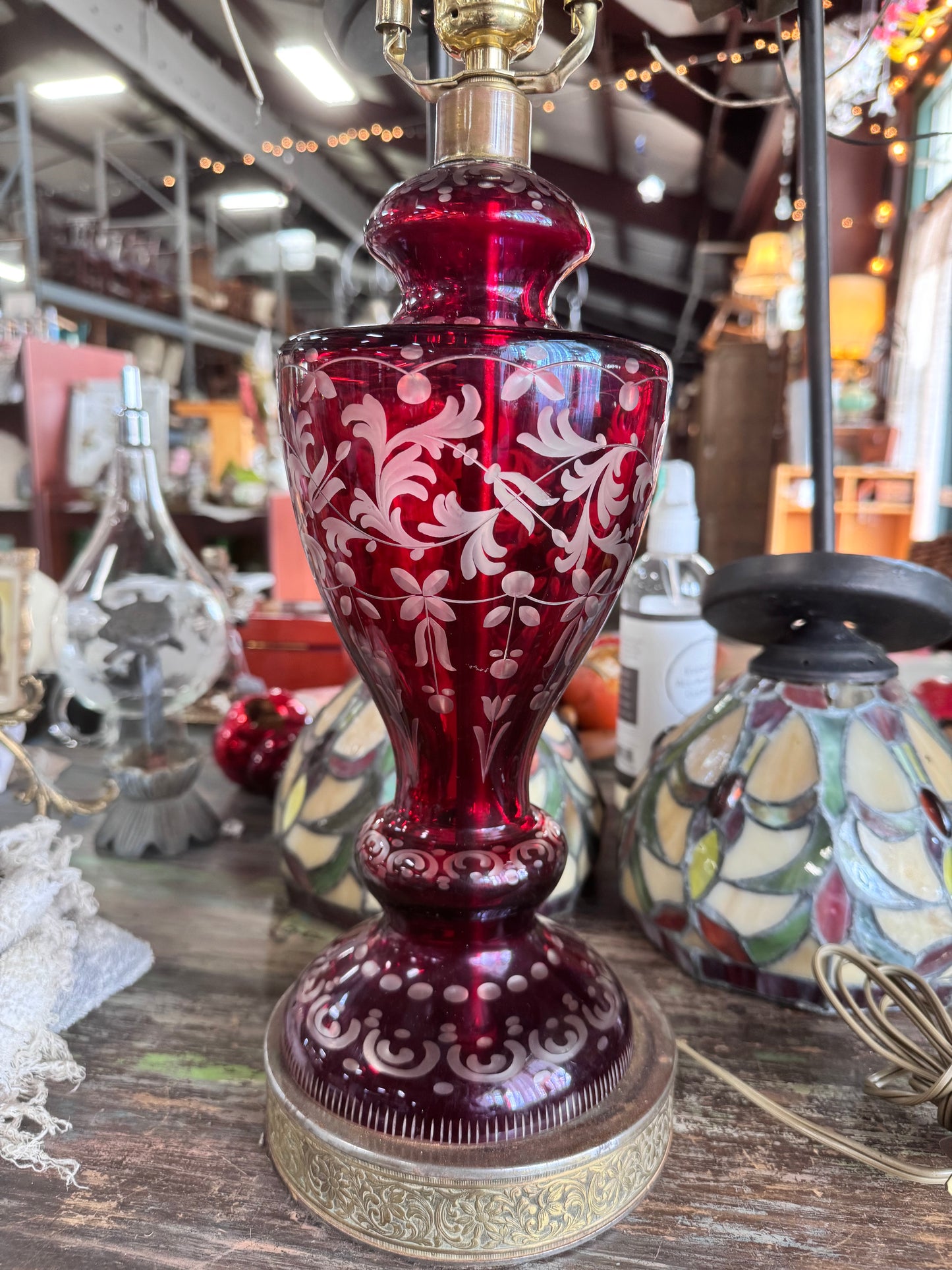 Vintage Czechoslovakian Cut to Clear Cranberry Glass Lamp