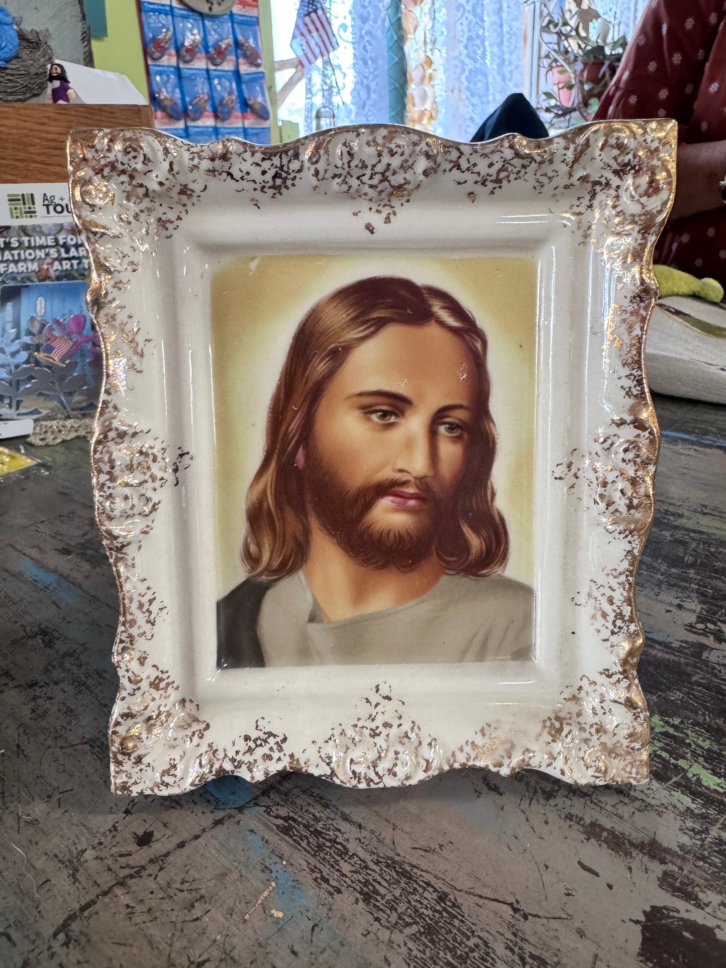 Vintage Ceramic Planter w/ Portait of Jesus and Gold Trim