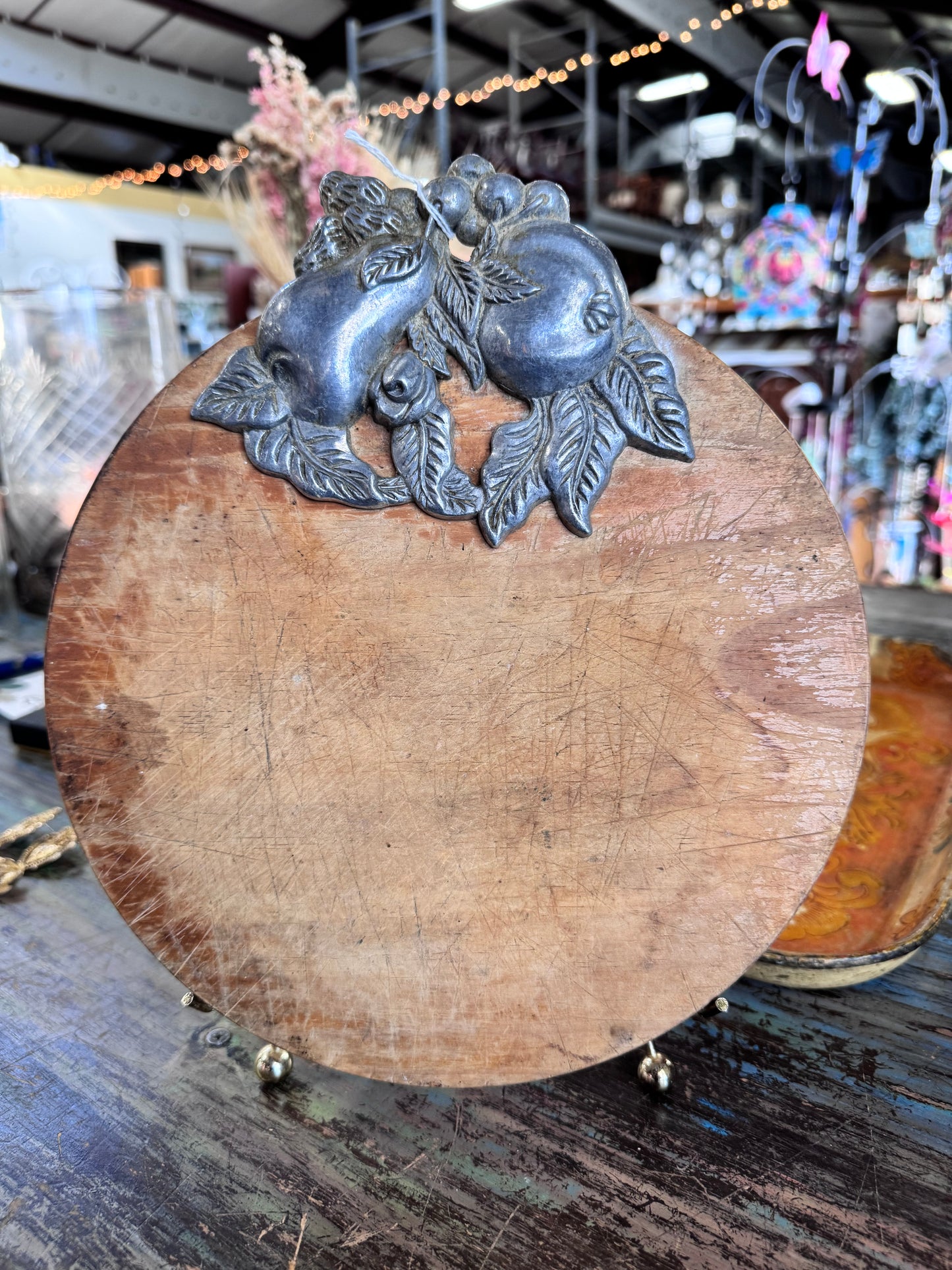 Wooden Cheese Board w/Metal Fruit Accents