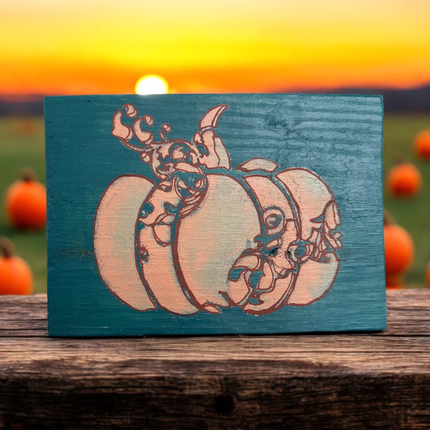 Sunflowers & Pumpkin Series Scrolled Painted Pumpkin Shelf Sitter