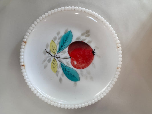 Westmoreland Beaded Edge Milk Glass Plate w/ Hand Painted Apple