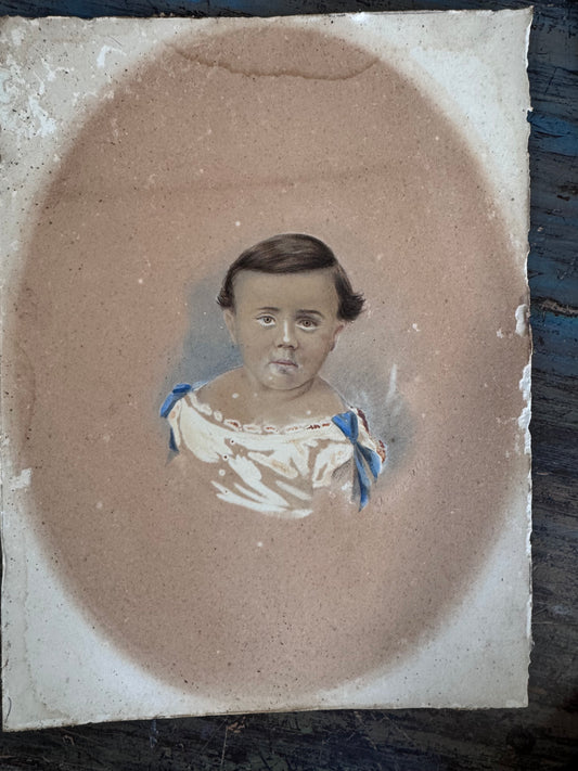 Antique Oval Wood Frame With Pastel Child Portrait