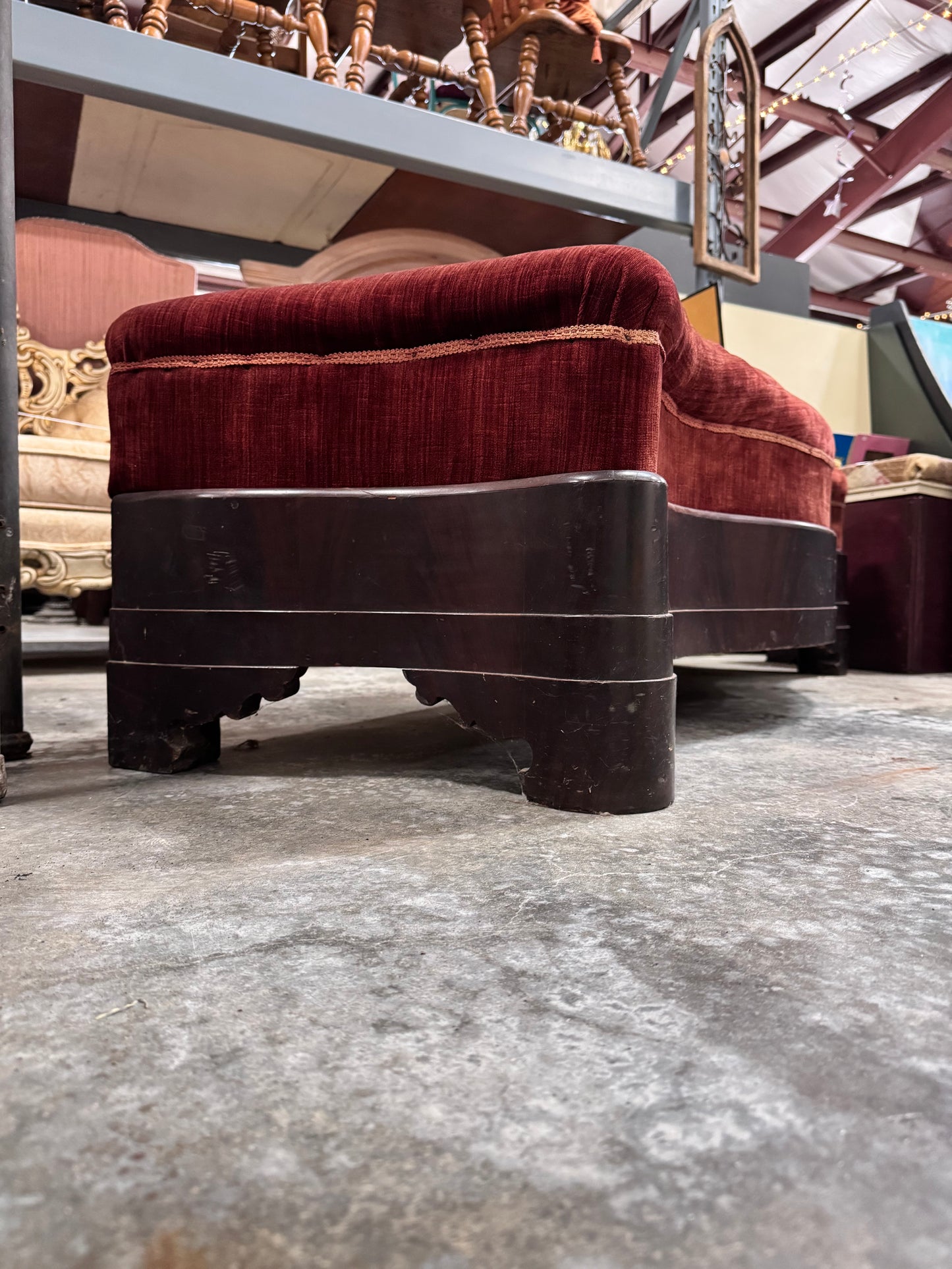 Vintage Art Deco Bench with Flamed Mahogany Base