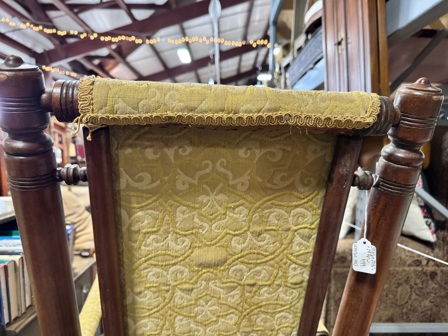 Vintage Upholstered Bobbin Spindle Platform Rocker