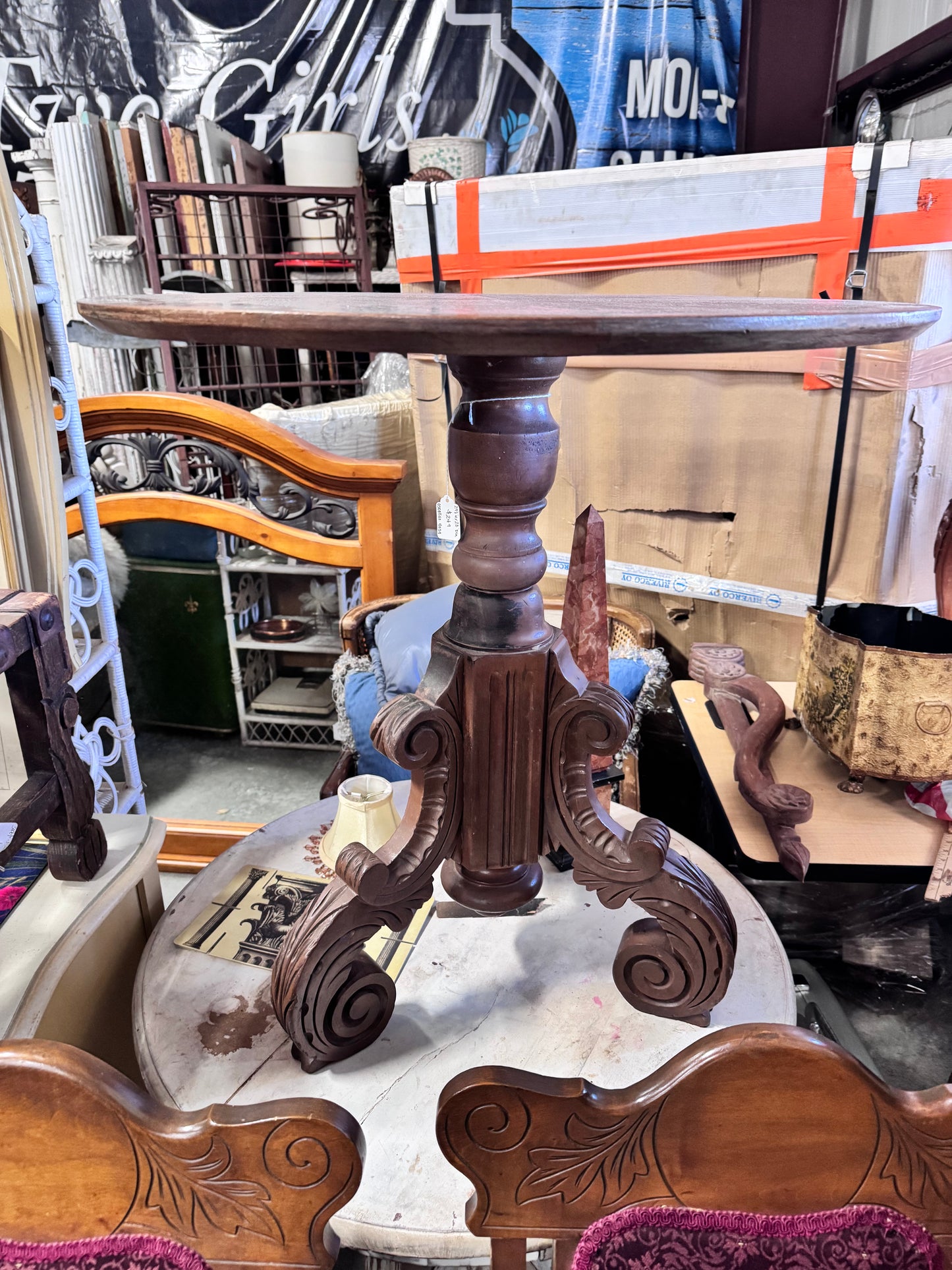 Carved Scroll Leg Pedestal Table