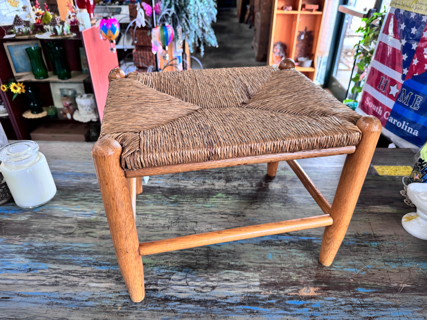 Vintage Wood and Rush Woven Footstool