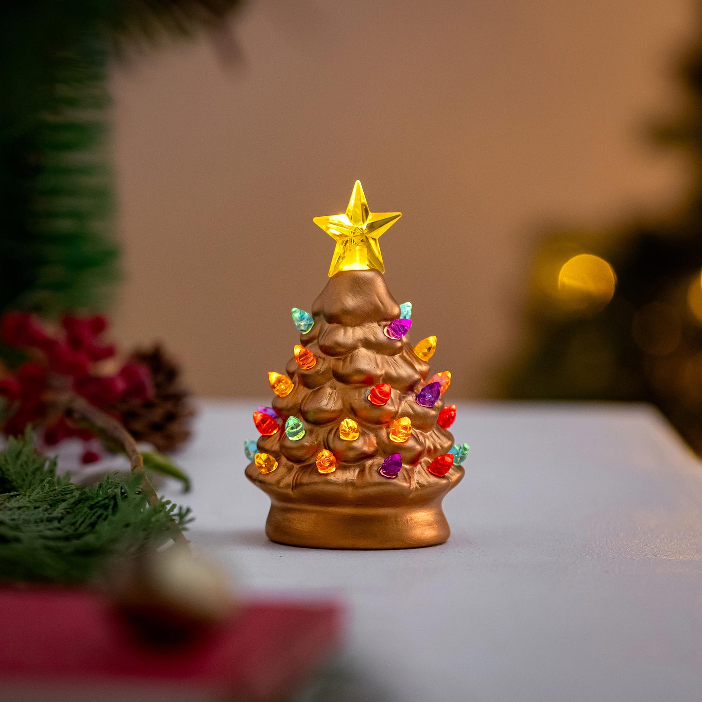 Joyful Traditions LED Table Decor Ceramic Metallic Christmas Tree