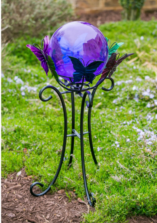 24" Multi Color Gazing Ball Stand with butterflies