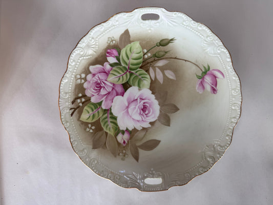 Vintage Lefton China Green Heritage Rose Gold Handled Cake Plate