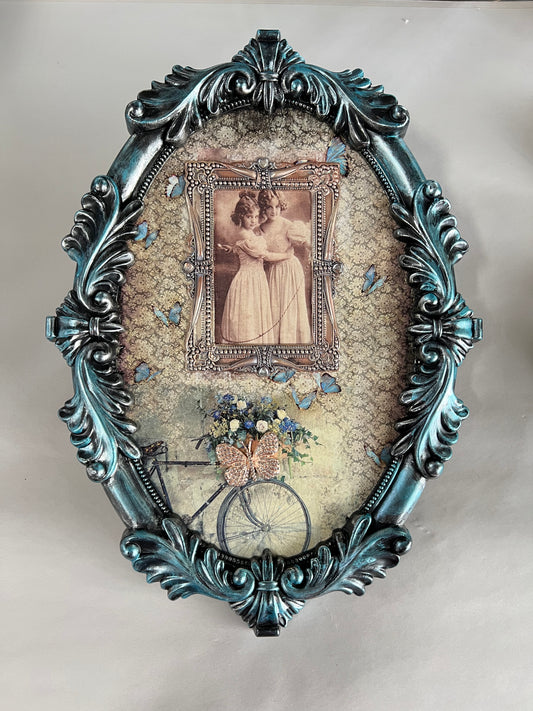Handcrafted Blue Black Framed Victorian Sisters Butterflies & Bicycle Multi Media Wall Art