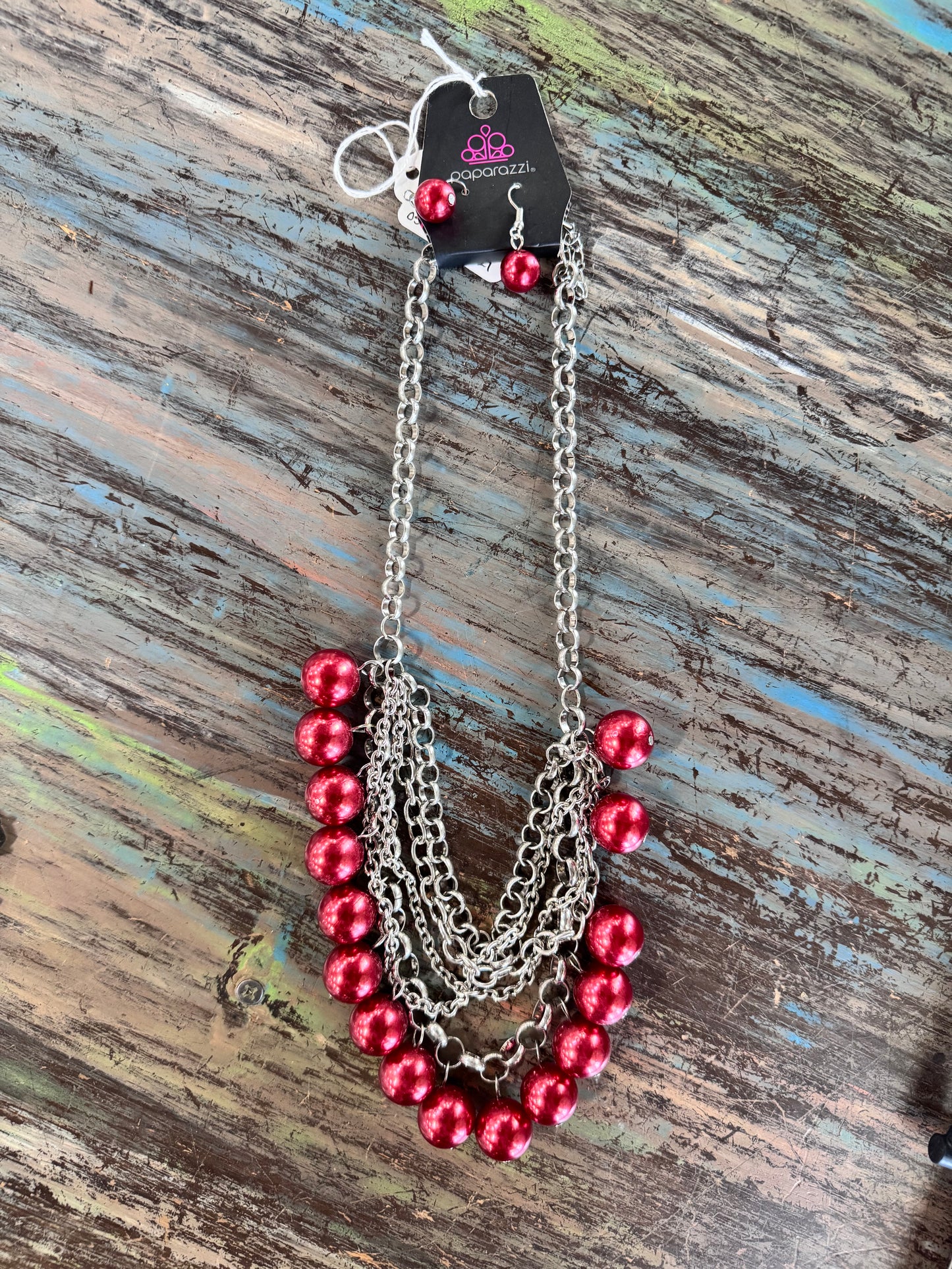 Paparazzi One Way Wall Street Red Necklace and Earring Set