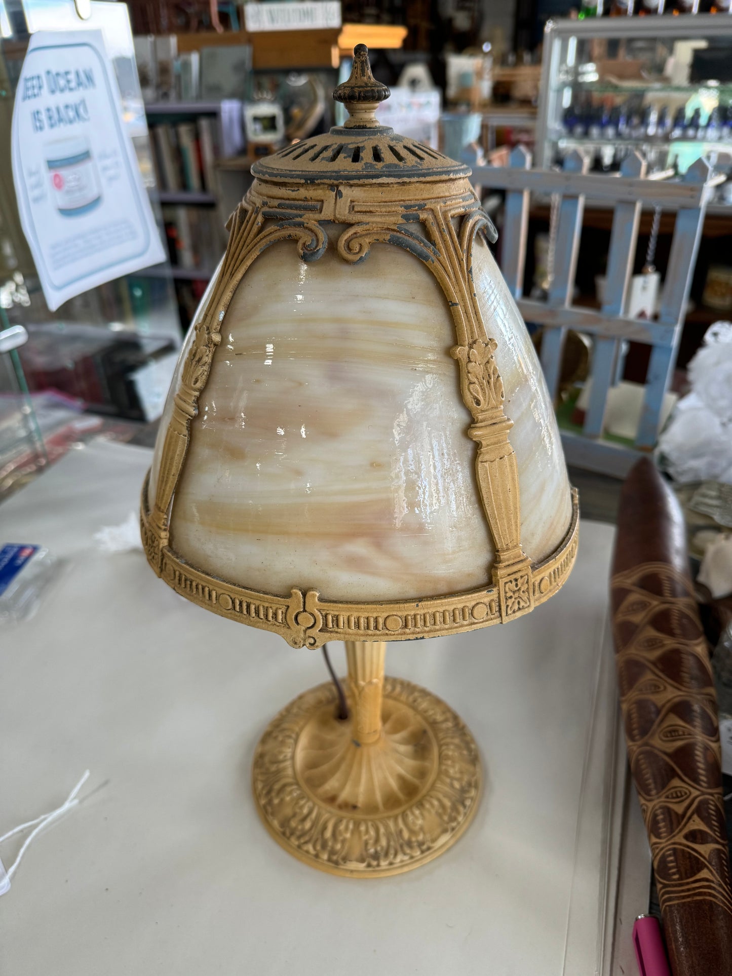 Early Century Oval Shade 4-panel Slag Glass Boudoir Lamp