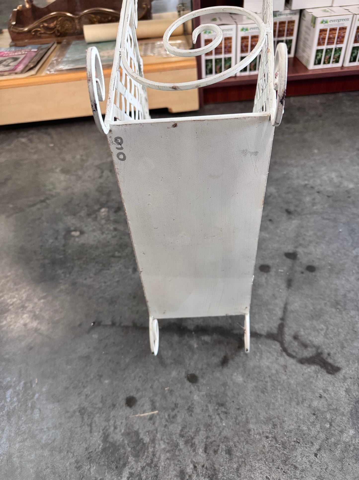 Vintage White Iron Latice & Flowers Magazine Basket