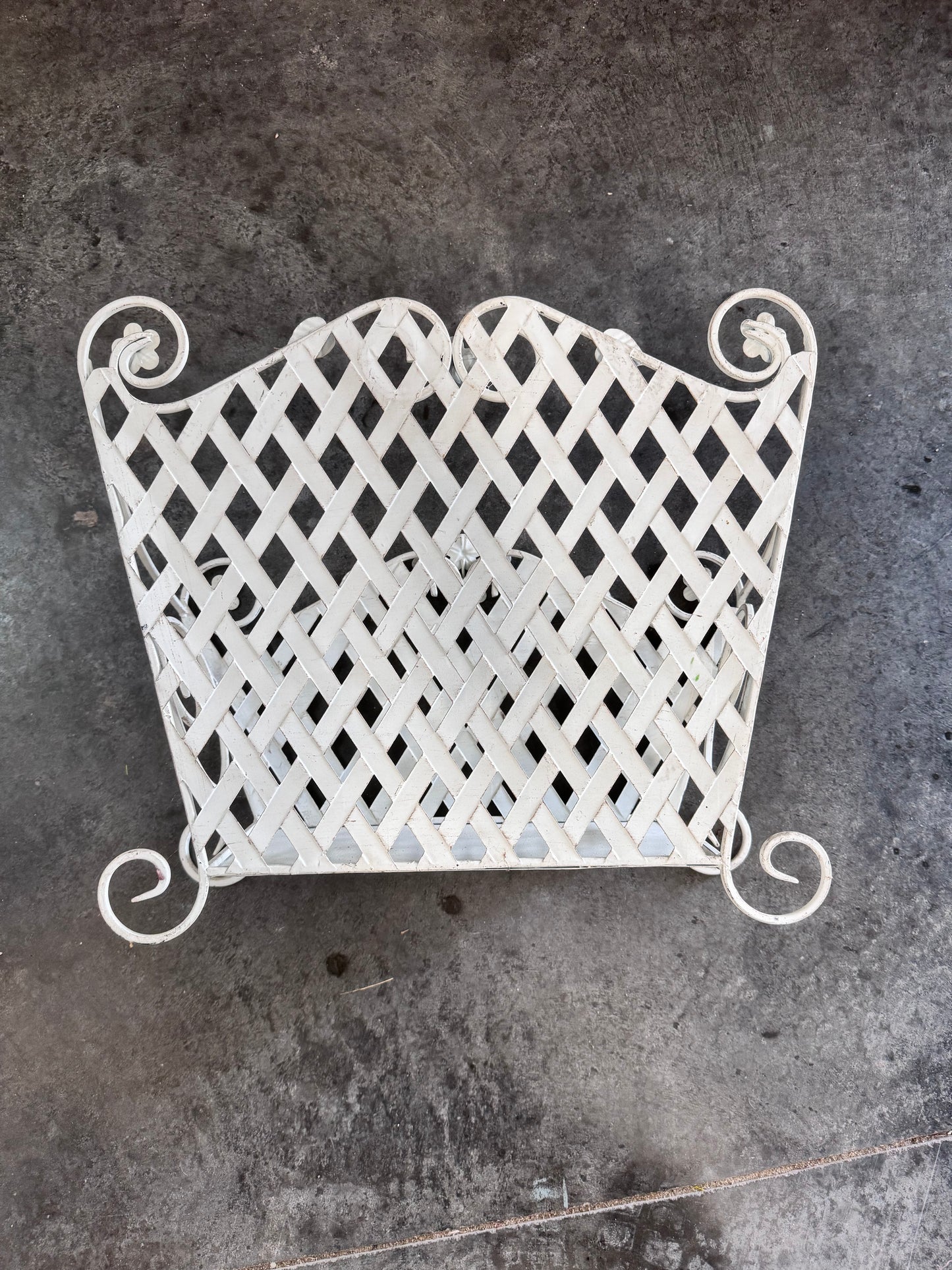 Vintage White Iron Latice & Flowers Magazine Basket