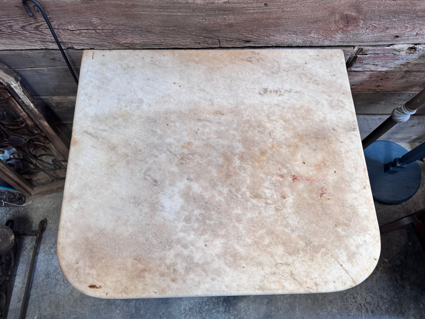 Antique Dark Wood Italian Marble Top Table With Undershelf
