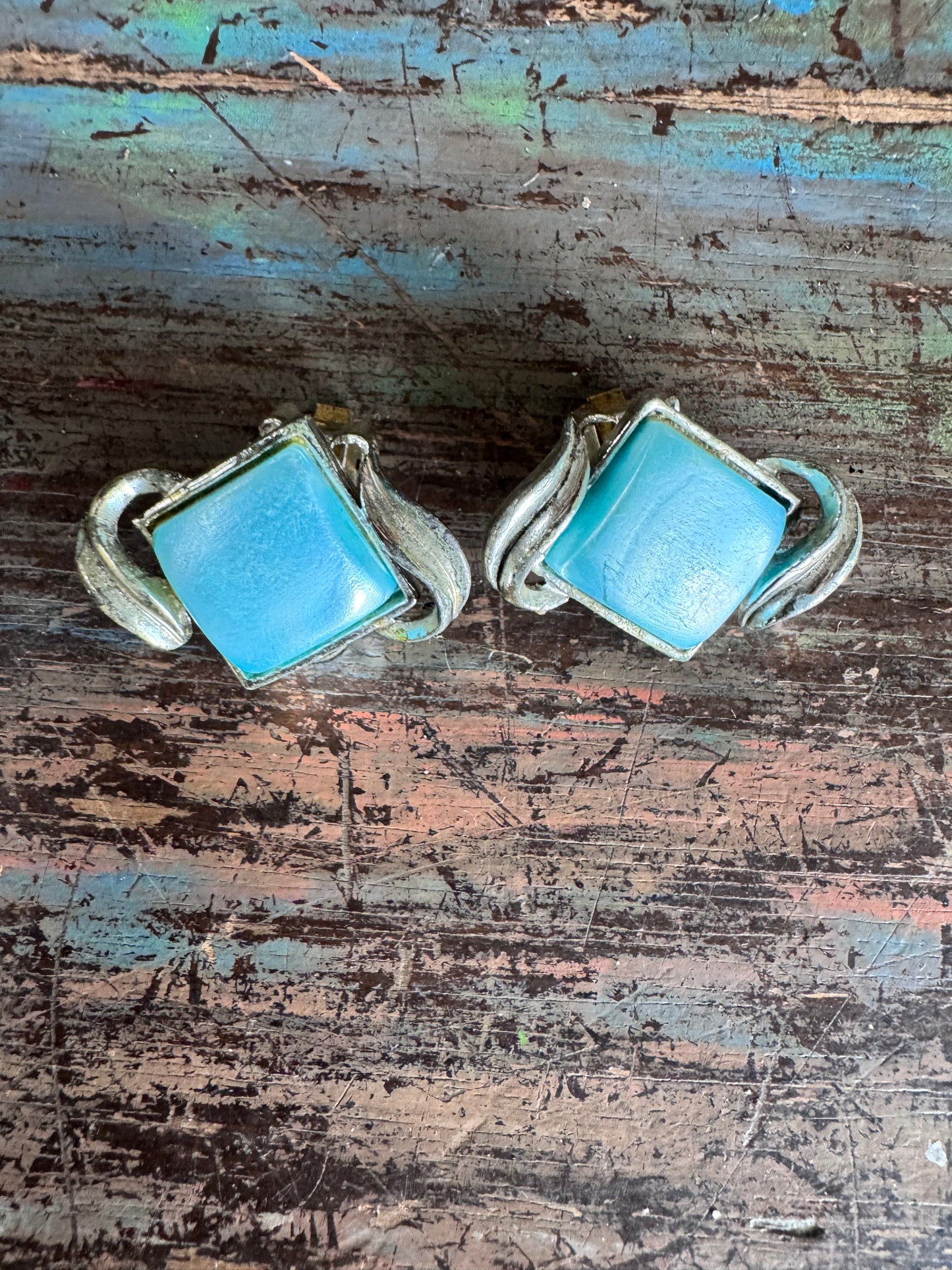 Vintage Art Deco Style Clip On Earrings with Pearlescent Blue Lucite Stone