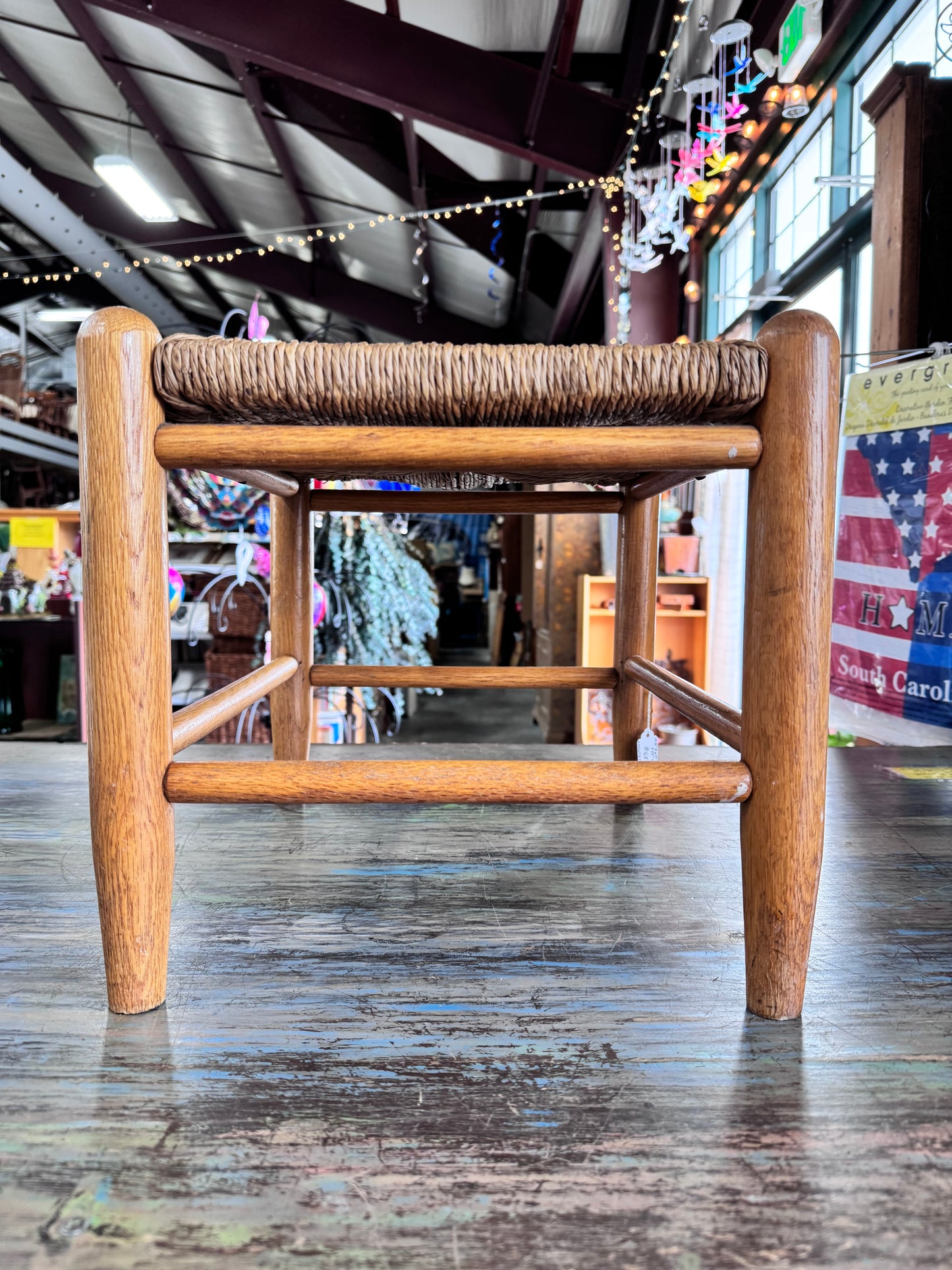 Vintage Wood and Rush Woven Footstool