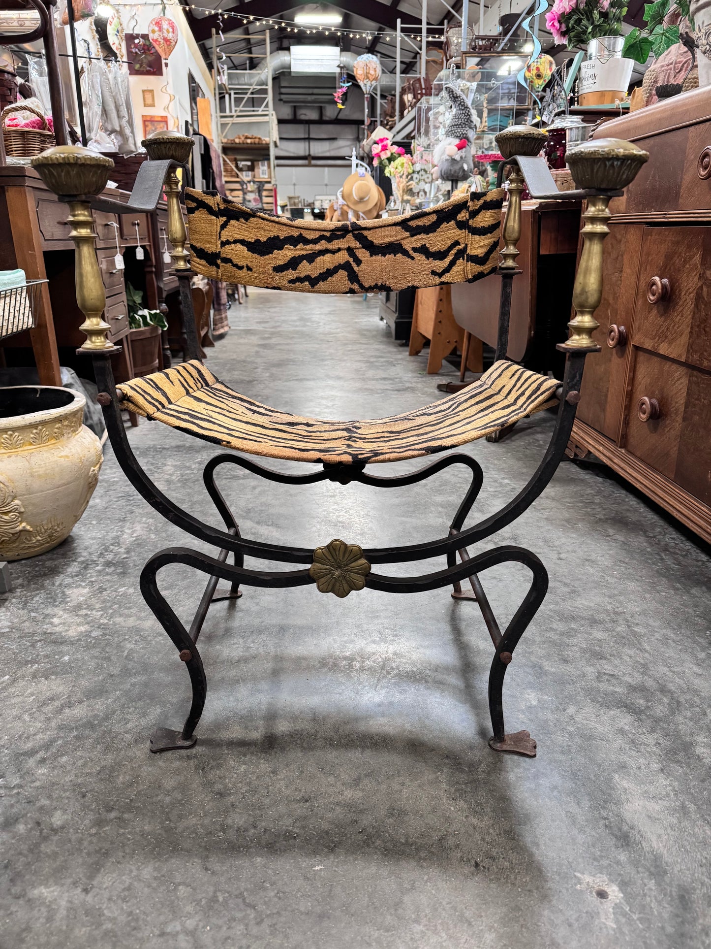 Vintage Italian Iron Curule Style w/Brass Finials; fabric back and seat