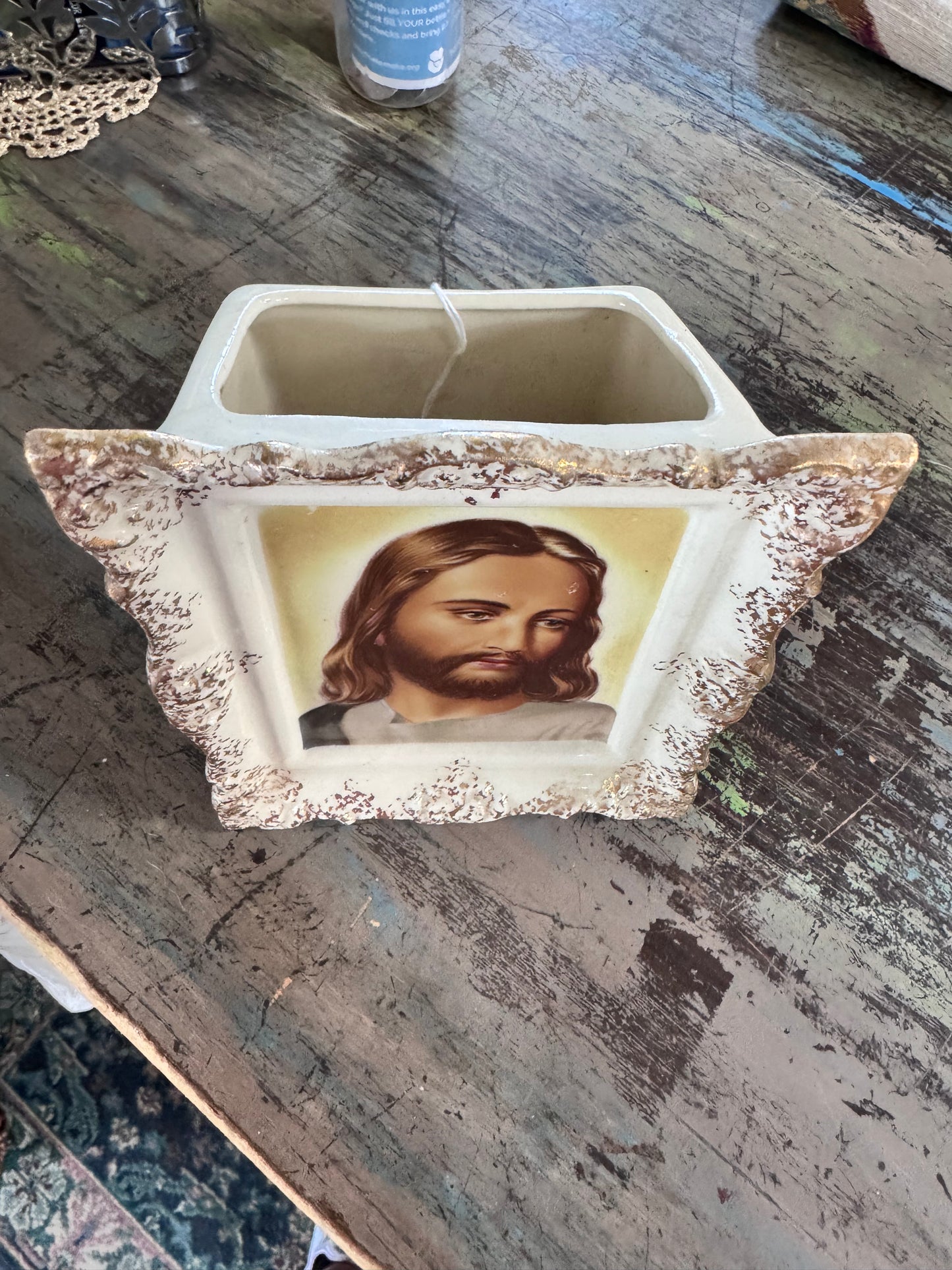 Vintage Ceramic Planter w/ Portait of Jesus and Gold Trim