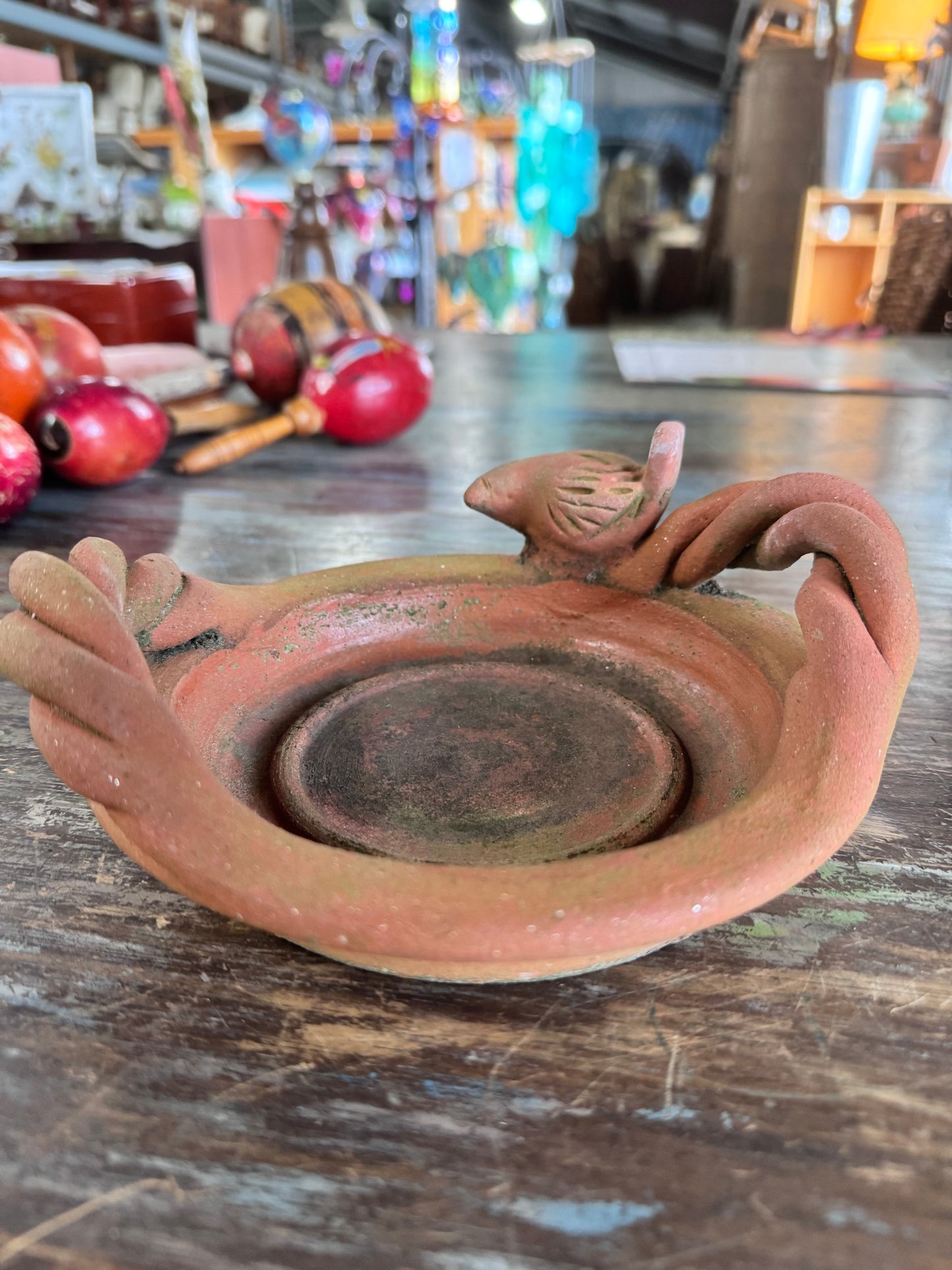Vintage Terra Cotta Pot Base Twisted Handles and Bird for 4" Pot