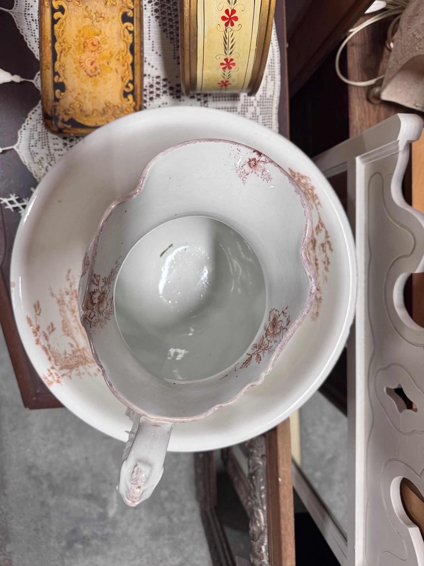 Antique Brown Transferware Floral Large Water Pitcher