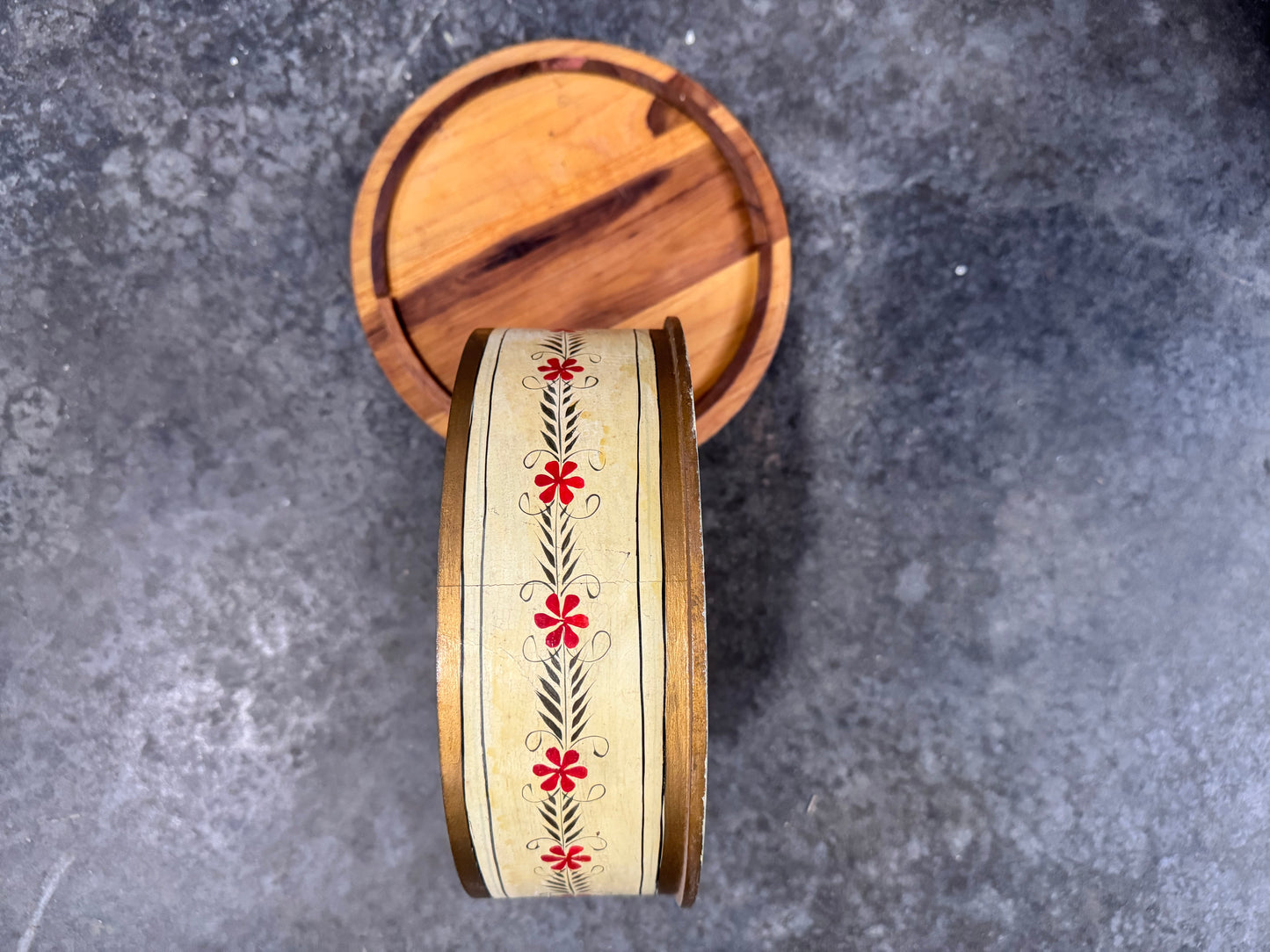 Vintage Hand Painted Round Wooden Box with Lid