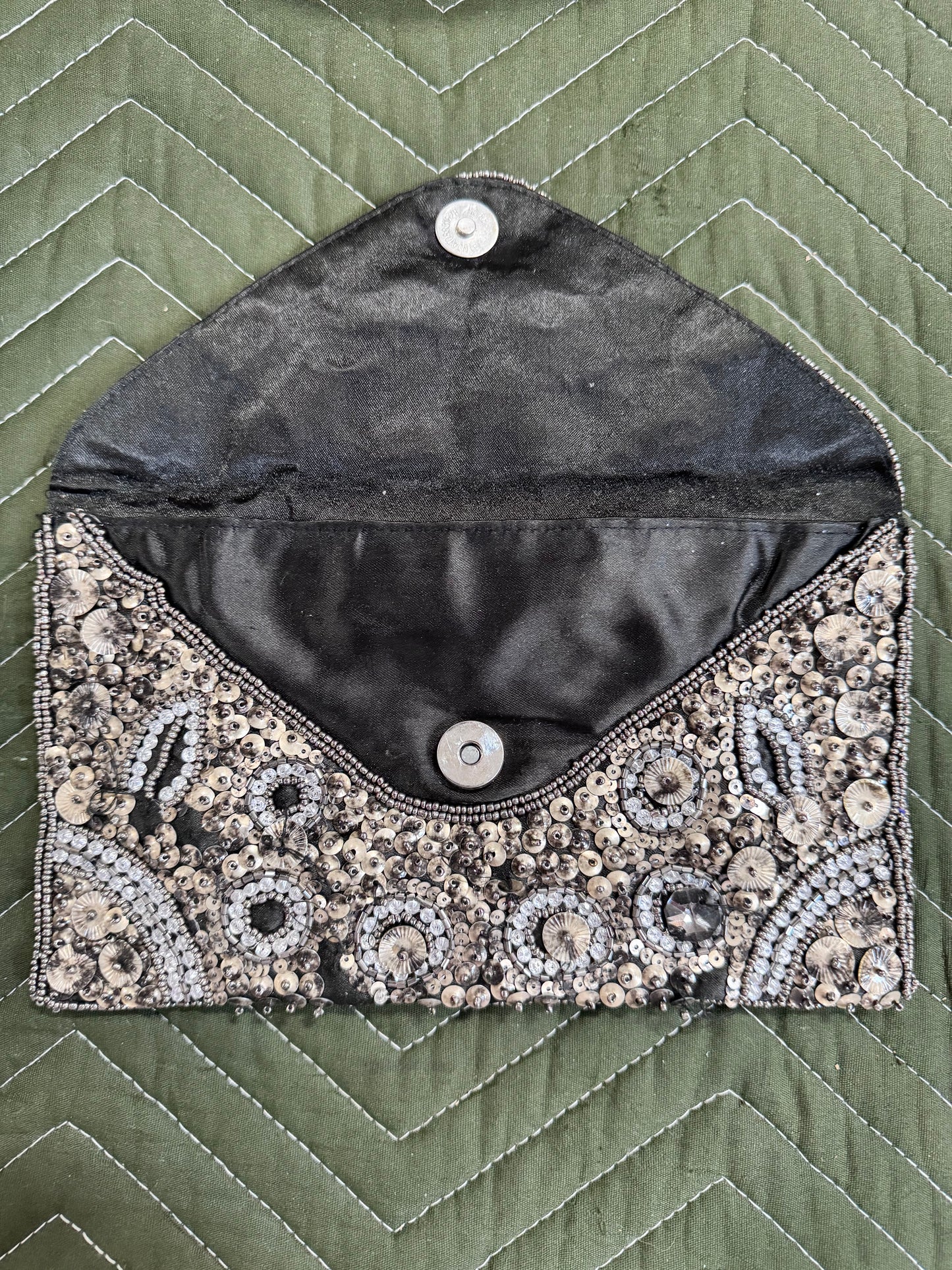 Vintage Silver and Black Beaded Sequined Clutch Evening Bag