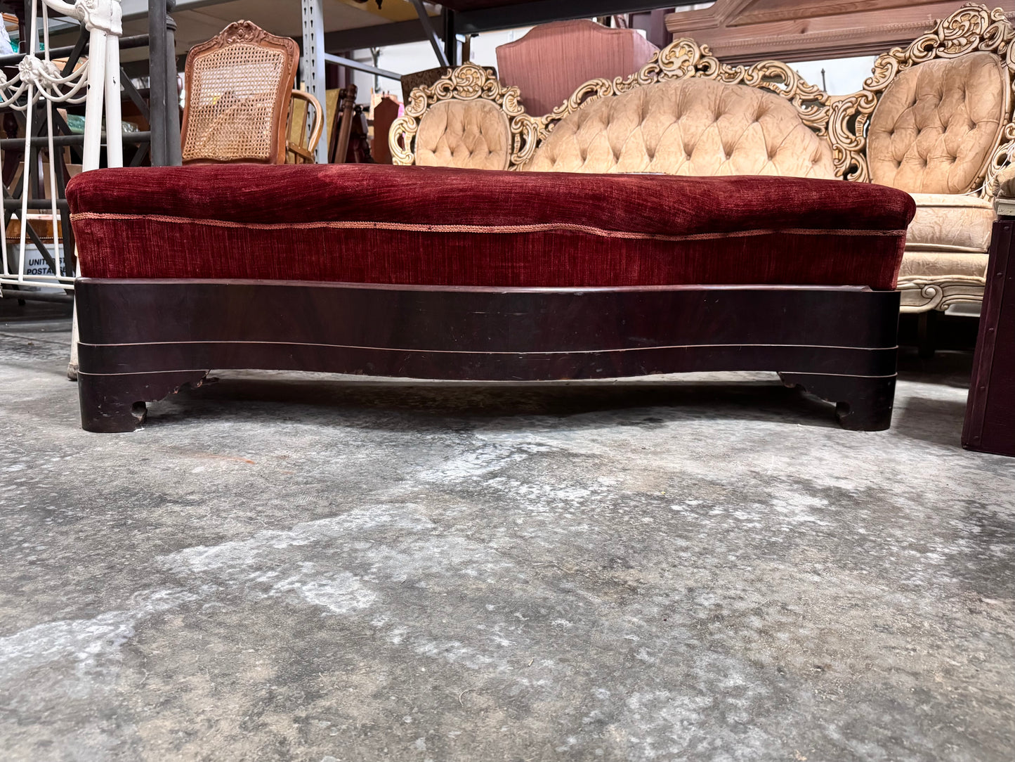 Vintage Art Deco Bench with Flamed Mahogany Base