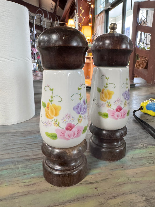 Vintage Porcelain and Wood Salt Shaker and pepper Grinder