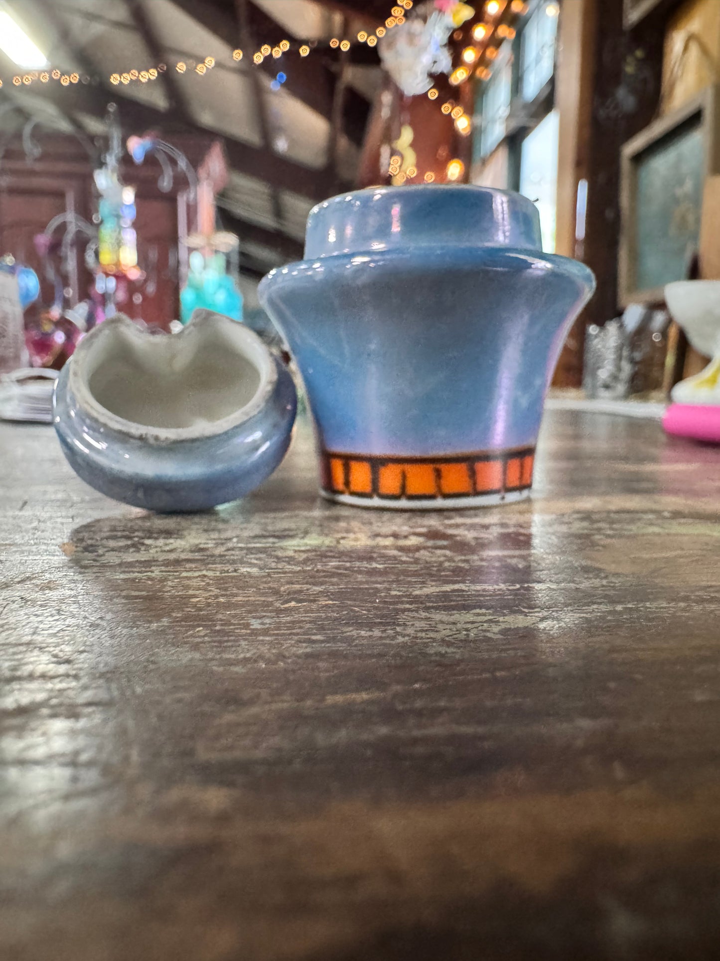 Vintage Lustreware Salt Cellar - Blue/Orange Floral-