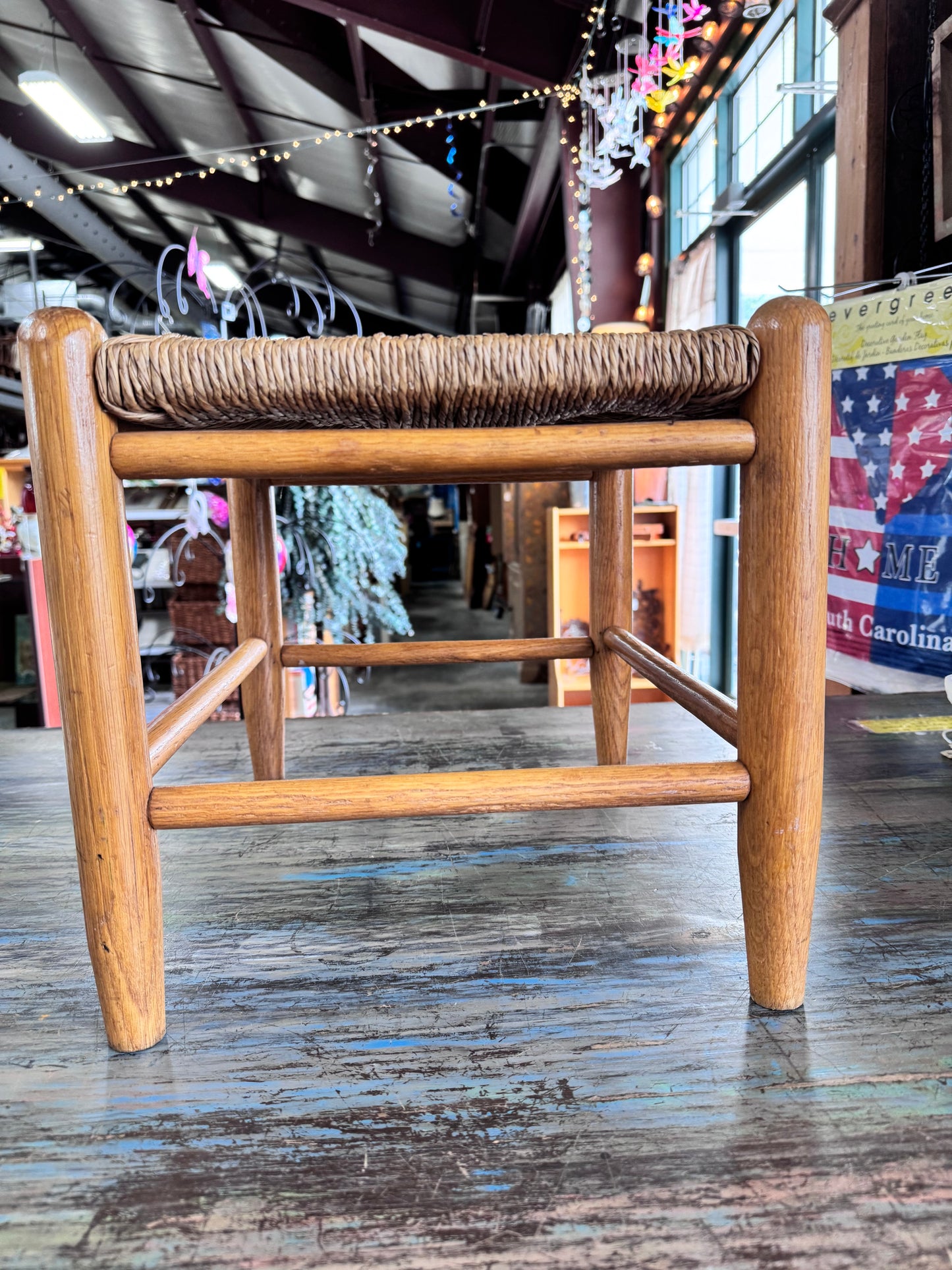 Vintage Wood and Rush Woven Footstool