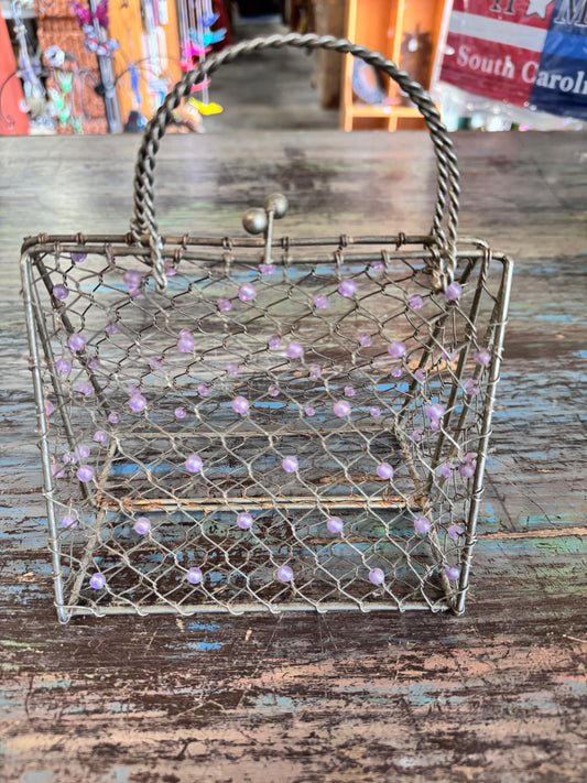 Vintage Metal Cage Purse w/Purple Beads