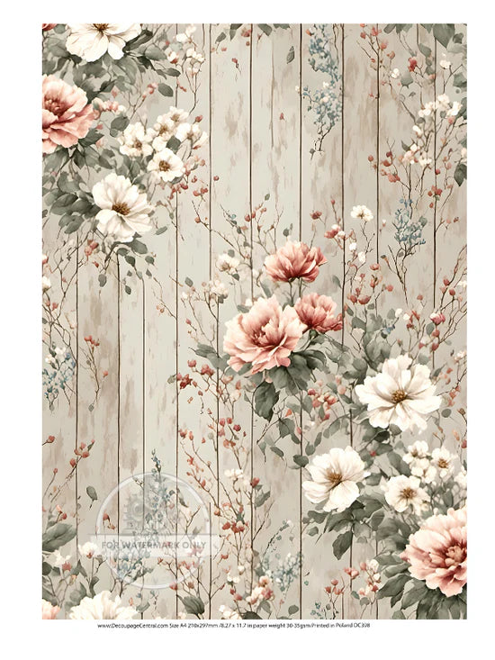 A4 DC398 Creamy Floral Shiplap Decoupage Central Rice Paper Designs