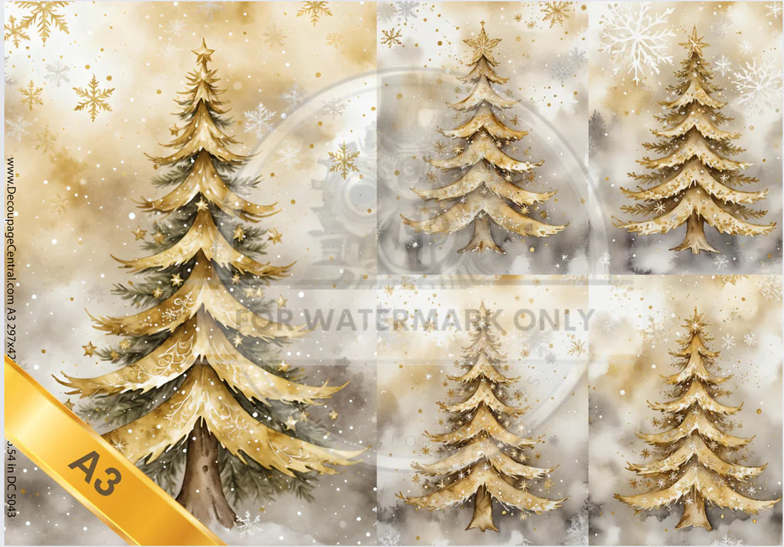 A3 DC5043 Golden Christmas Tree Decoupage Central Rice Paper Design