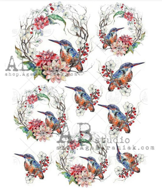 A4 Hummingbirds in Wreath Decoupage Central brand Rice Paper Decoupage Designs