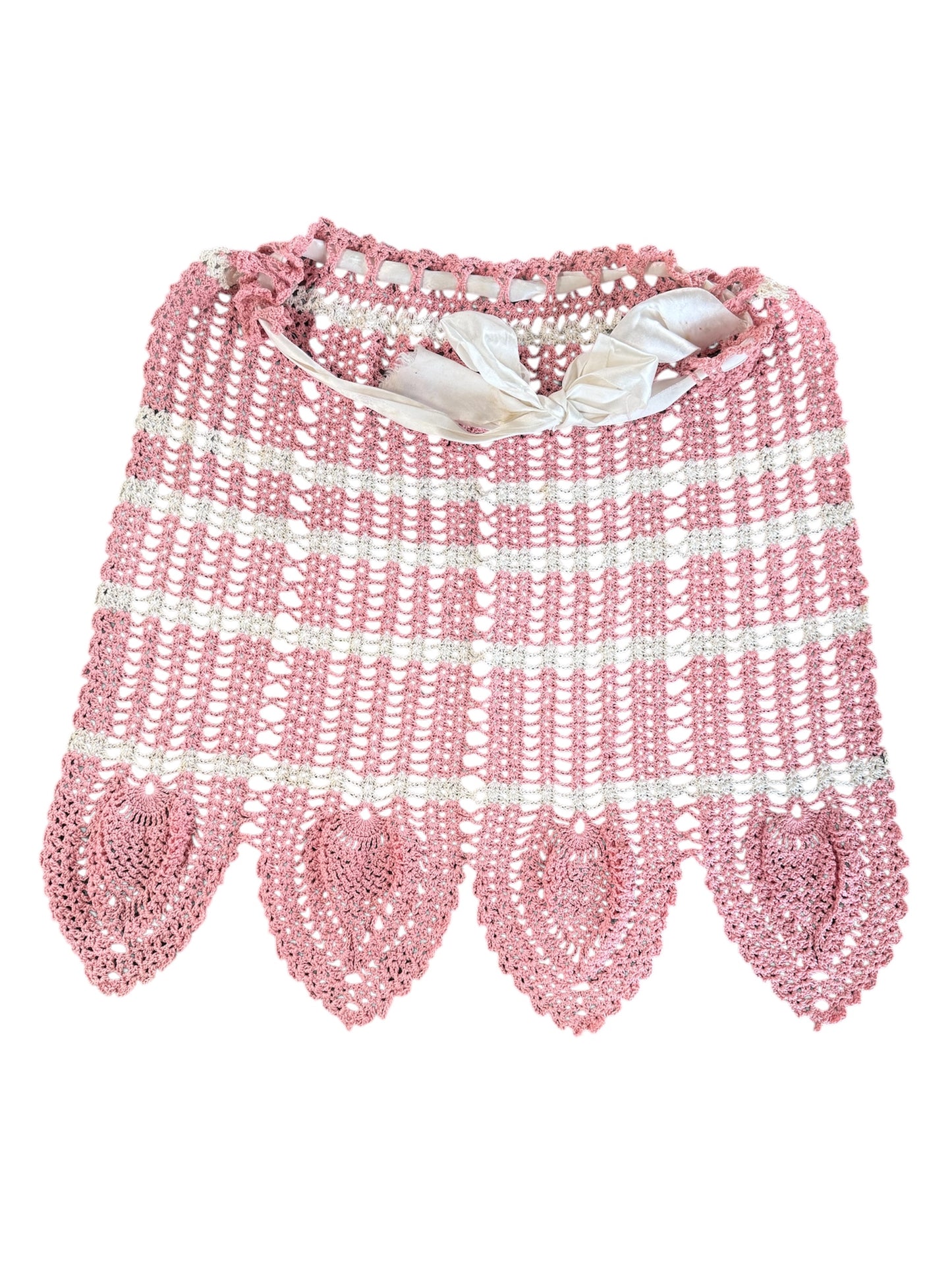 Vintage Hand Crocheted Pink and White Apron