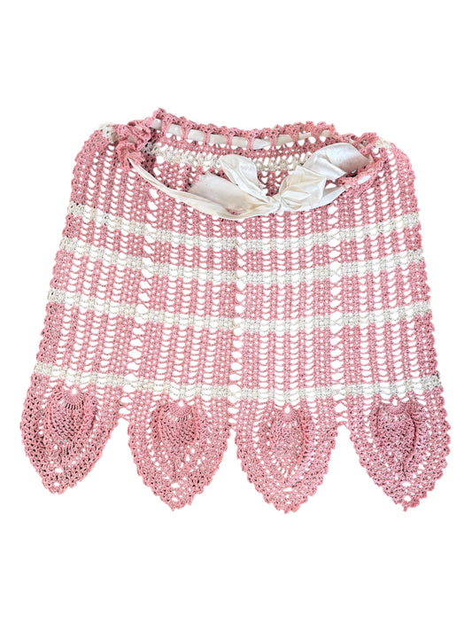 Vintage Hand Crocheted Pink and White Apron