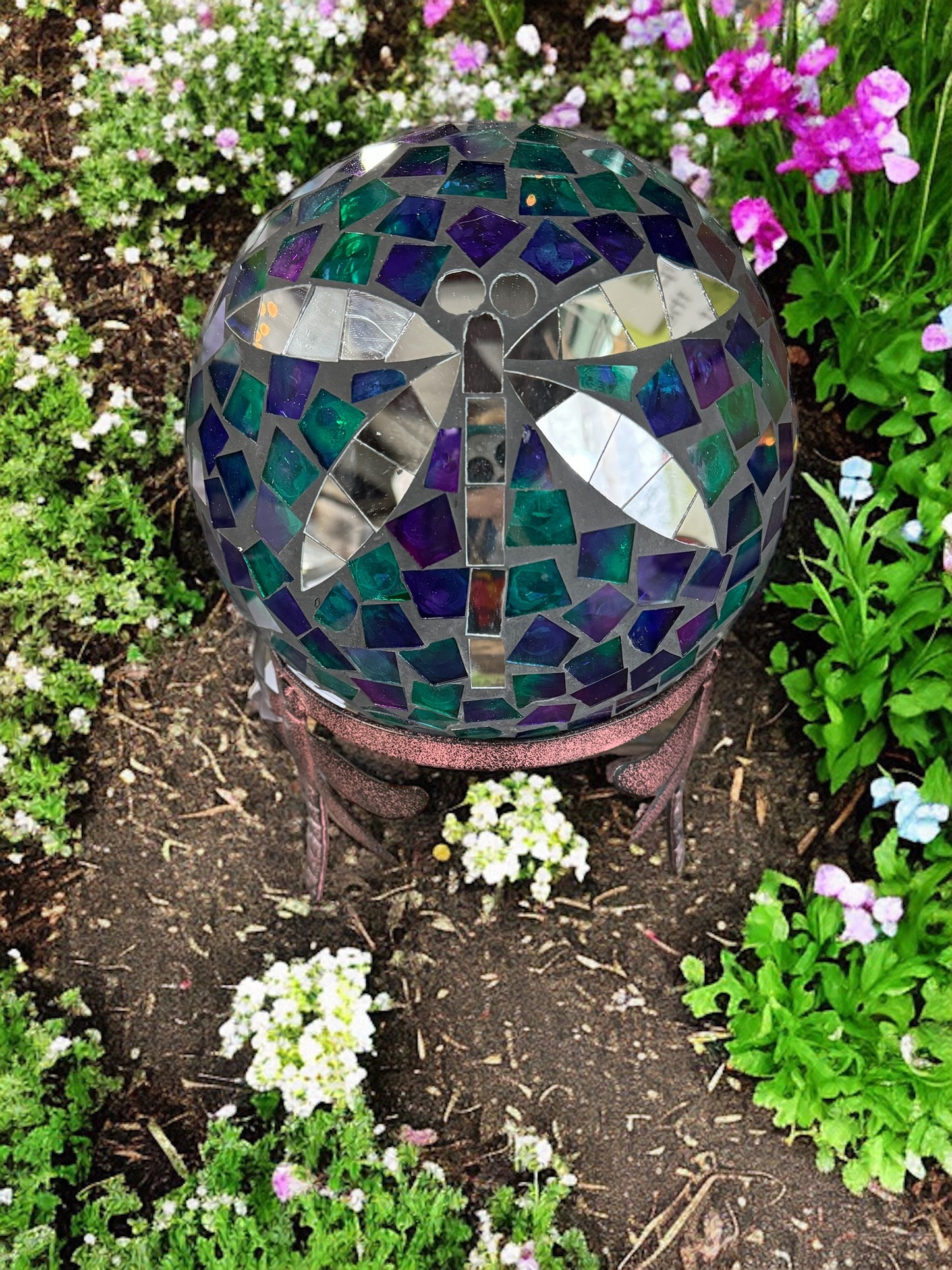 10" Mosaic Dragonfly Glass Gazing Ball and garden stand