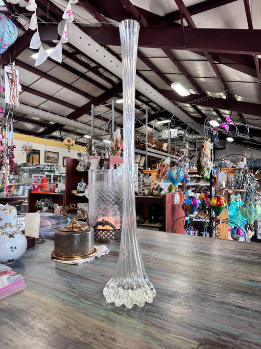 Tall Twisted-Rib Clear Glass Vase