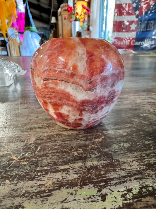 Hand Carved Red Onyx Apple - Polished Stone Fruit Sculpture - Natural Banded Marble Decor